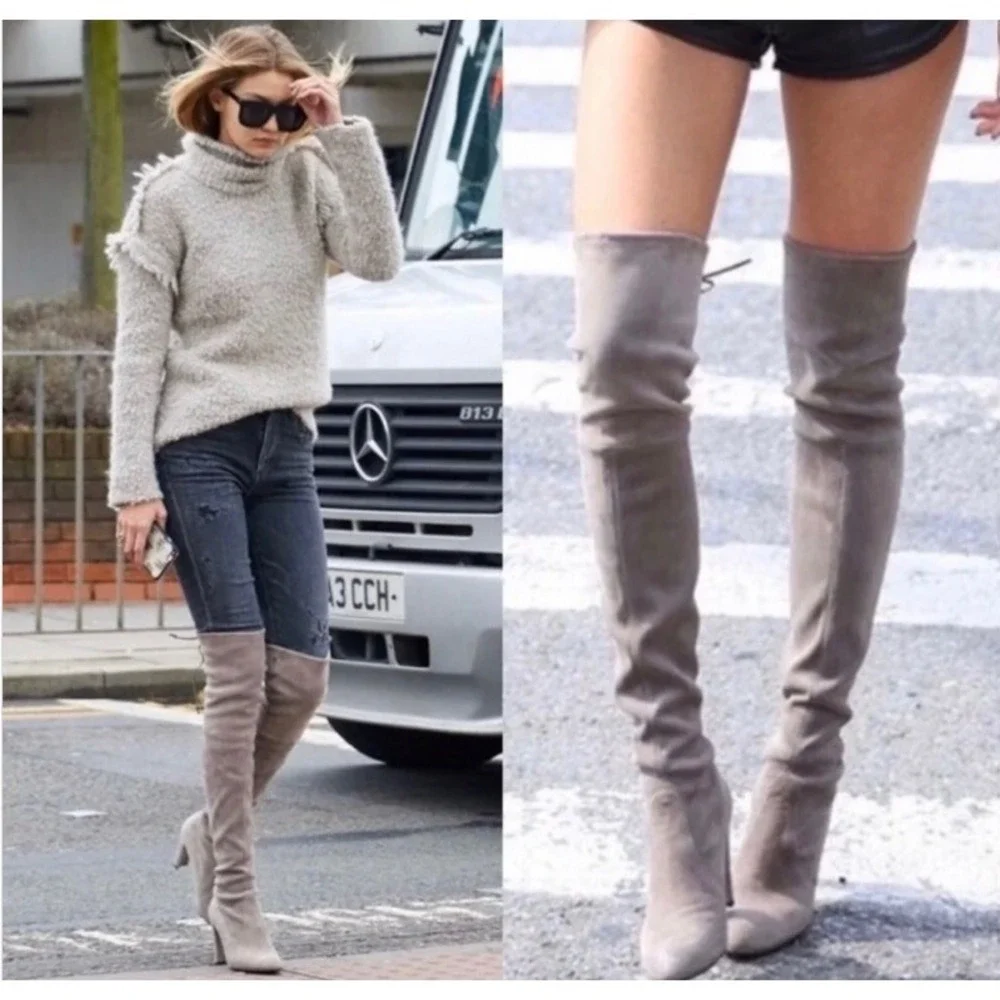 Stuart Weitzman Over The Knee Boots Size 7 Taupe Suede Block Heel Tie Back Chic